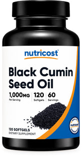 Nutricost Black Seed Oil bottle with 120 softgels, a convenient omega supplement