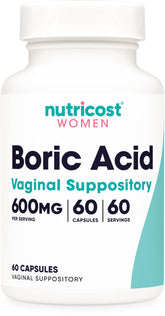 Nutricost boric acid 600mg bottle and capsules for convenient at-home use.