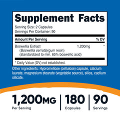 Nutricost Boswellia capsules closeup highlights 65% boswellic acid content.