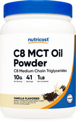 Nutricost C8 MCT Oil Powder Vanilla bottle demonstrates keto-friendly energy and flavor.
