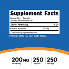 Nutricost caffeine pills bottle close-up for convenient on-the-go dosing