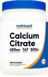 Nutricost Calcium Citrate Powder bottle front emphasizing purity and gluten-free status for daily calcium support
