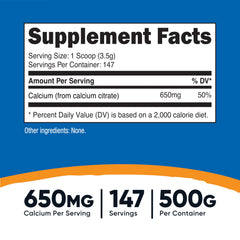 Nutricost Calcium Citrate Powder scoop demonstrates convenient 650 mg per serving for daily supplementation