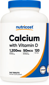 Nutricost Calcium with Vitamin D bottle front view, high-potency daily calcium supplement.