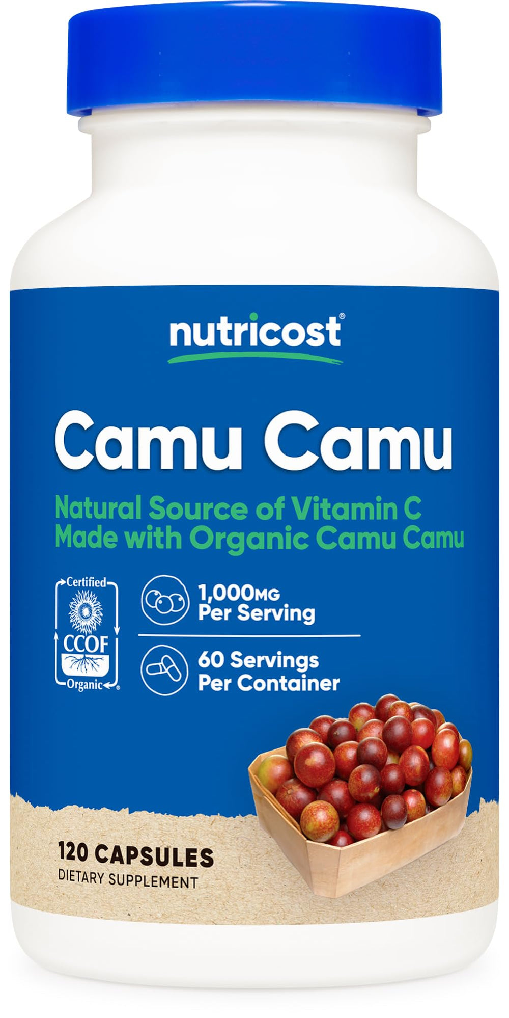 Nutricost Camu Camu bottle front highlights organic vitamin C for daily use.