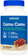Nutricost Camu Camu bottle front highlights organic vitamin C for daily use.