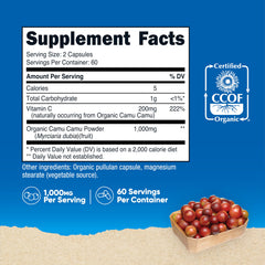 Nutricost Camu Camu capsules close-up emphasizes 200 mg vitamin C per serving.