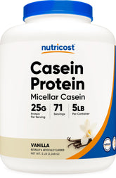 Nutricost Casein Vanilla 5lb bottle with micellar protein for steady nutrition