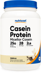 Nutricost Casein Vanilla bottle for steady overnight recovery.