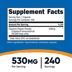 Nutricost Cayenne Pepper capsule close-up shows 530 mg of heat per serving.
