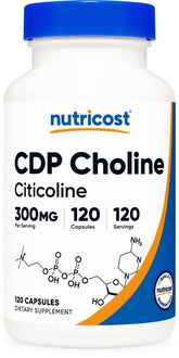 Nutricost CDP Choline 300mg bottle front view supports daily cognitive function