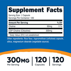 Nutricost CDP Choline 300mg capsules close-up shows easy-to-swallow vegetarian capsules