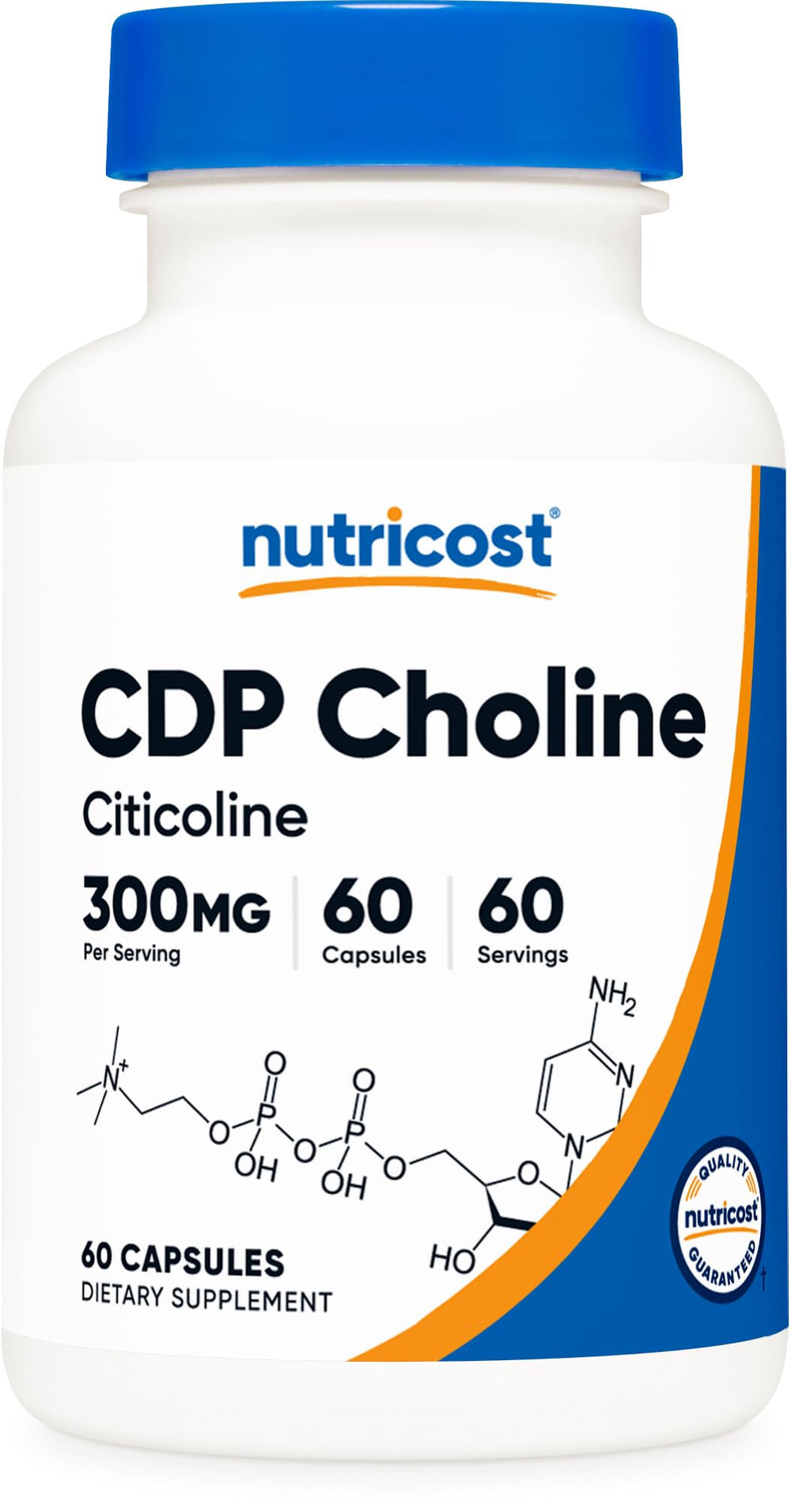 Nutricost CDP Choline 300mg capsules — close-up view highlighting vegetarian formula for daily use.