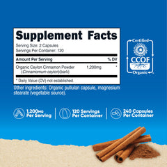 Nutricost Ceylon Cinnamon capsules closeup shows convenient capsules