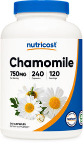 Nutricost Chamomile 750mg capsules – close-up bottle showing high-potency herbal support