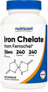 Nutricost Ferrochel chelated iron bottle viewed, offering safe iron support for daily energy.
