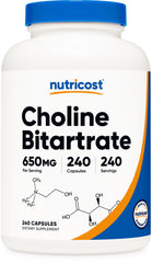 Nutricost Choline Bitartrate 650mg bottle front view, ideal for daily supplementation.
