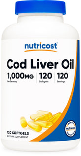 Nutricost cod liver oil softgel bottle highlighting 1000mg dosage for daily omega-3 support.