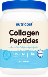 Nutricost collagen peptides 1lb bottle on shelf for convenient protein support