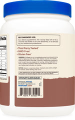 Nutricost Collagen Peptides chocolate powder on spoon for quick blending.