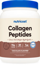 Nutricost Collagen Peptides powder tub front shows chocolate flavor, ideal for everyday beverages.