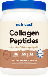 Nutricost collagen peptides powder tub with salted caramel flavor for easy daily supplementation.