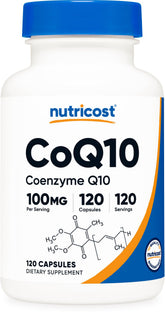 Nutricost CoQ10 100mg capsule close-up with a vegetarian capsule and high-absorption design