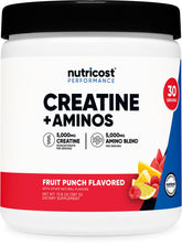 Nutricost Creatine + Aminos bottle with Fruit Punch, convenient daily workout support