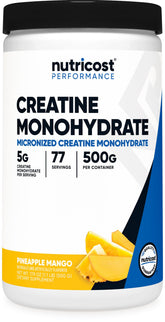 Nutricost Creatine Monohydrate Pineapple Mango bottle with 77 servings.