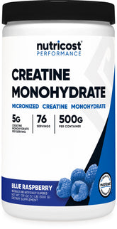 Nutricost Creatine Monohydrate Blue Raspberry front label highlights the brand and product name for visibility.