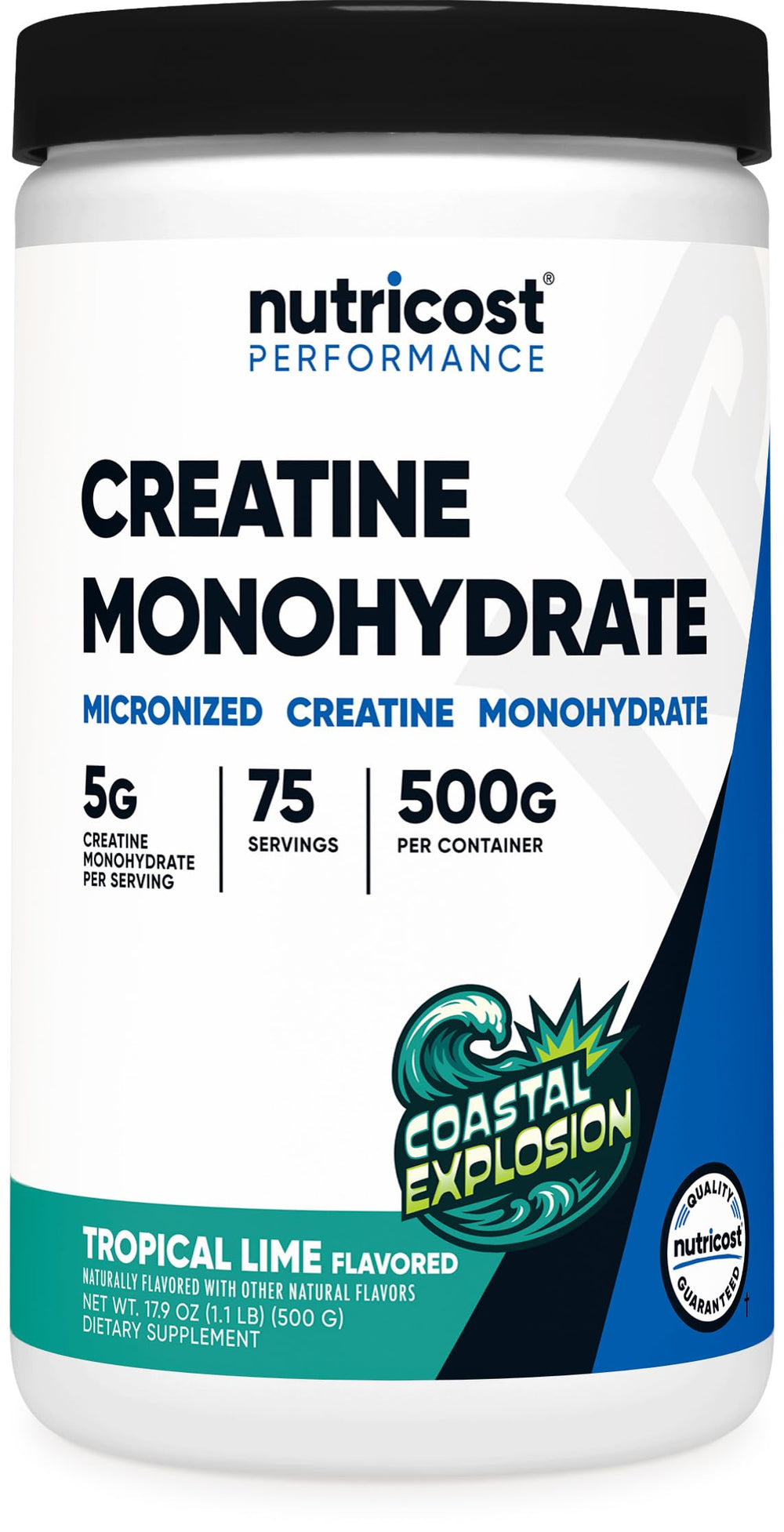 Nutricost Creatine Monohydrate Coastal Explosion bottle front for pre- and post-workout use