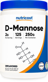 Nutricost D-Mannose powder bottle with 250 g, ready for daily use.