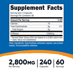 Nutricost D-Ribose capsules close-up highlighting vegetarian-friendly and non-GMO labels.