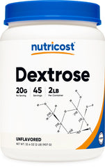 Nutricost Dextrose powder bottle shows gluten-free, non-GMO ingredient for versatile use.