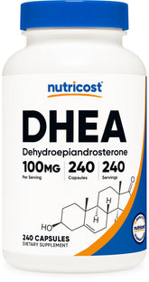 Nutricost DHEA 100mg capsule bottle on shelf for daily wellness routine.