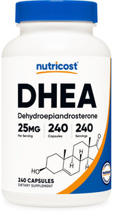 Nutricost DHEA 25mg bottle front view with gluten-free packaging
