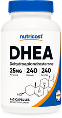 Nutricost DHEA 25mg bottle front view with gluten-free packaging