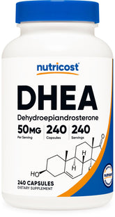 Nutricost DHEA 50mg capsules in a bottle for daily wellness support.
