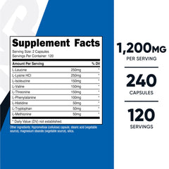 Nutricost EAA capsules, two capsules per serving, convenient post-workout amino acid support.