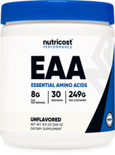 Nutricost EAA Powder bottle front, unflavored blend ideal for post-workout mixing