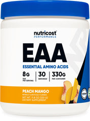 Nutricost EAA Powder Peach Mango bottle offering convenient amino acid support for workouts