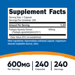 Nutricost Fadogia Agrestis capsules closeup emphasizes potency and compact serving.