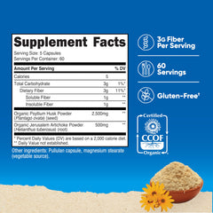 Nutricost Fiber Capsules label highlights organic, gluten-free, and non-GMO ingredients.