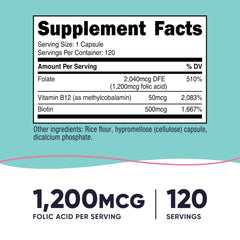 Nutricost Folic Acid for Women capsules close-up, 1200 mcg per capsule