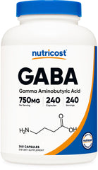 Nutricost GABA bottle front displays dosage and clean label for daily use