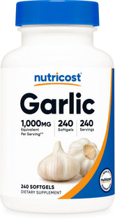 Nutricost garlic 1000mg softgels in bottle, odorless and easy to take daily