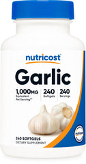 Nutricost garlic 1000mg softgels in bottle, odorless and easy to take daily