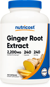 Nutricost Ginger Root Extract bottle front showcases convenient daily capsules.