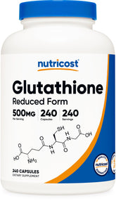 Nutricost Glutathione 500mg bottle front, gluten free packaging for clean supplementation.