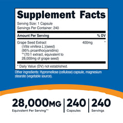 Close-up of Nutricost Grape Seed Extract capsules highlighting 400 mg servings.